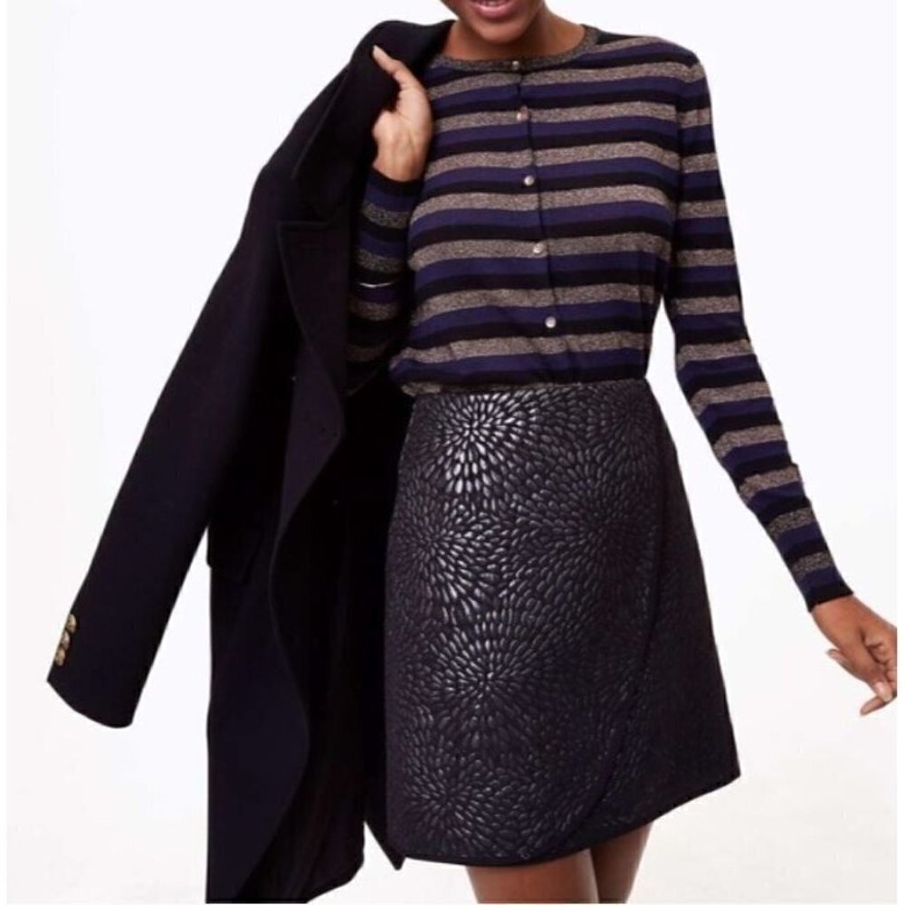 LOFT Skirt Womens 12 Shimmer Splash Mini Faux Wrap Silver Metallic Jaquard Boho